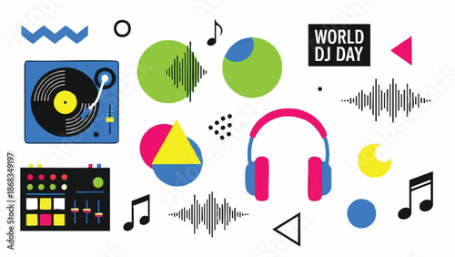Collection of DJ equipment and music symbols for World DJ Day.