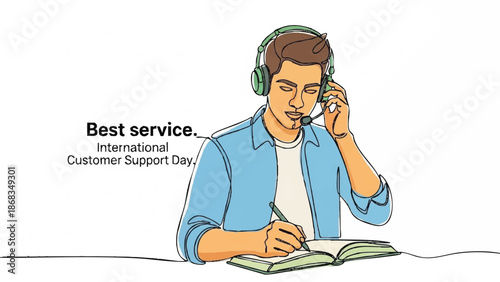 Man wearing headset writing in notebook for customer support.