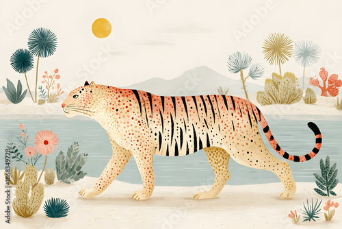 A stylized, artistic illustration depicts a majestic Bengal tiger prowling through a serene tropical landscape featuring turquoise water, lush palm trees, and distant mountains under a warm sun