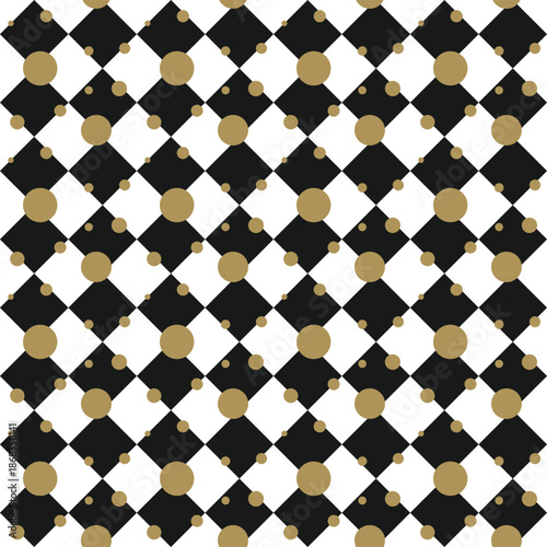 Black and white rhombus seamless pattern with gold accents. Luxury diamond tile pattern