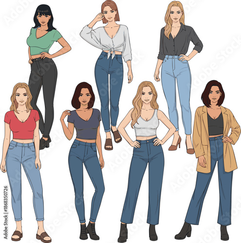 Create a kinds of deferent realistic sexy Young woman standing casually vector art with white background.