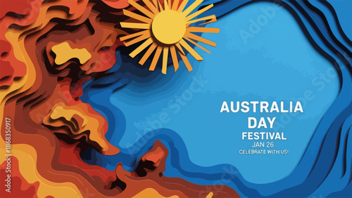 Australia Day Festival in Paper Cut Style with Vibrant Colors and Sun Rays for Event Promotion, Poster Design, Social Media Content, and Creative Advertising