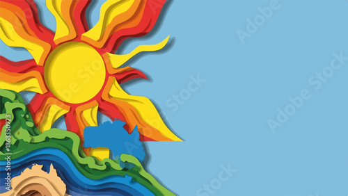 Colorful Sun and Landscape Paper Cut Design for Australia Day Festival Poster, Promotional Use in Ads, Events, and Social Media Celebrations