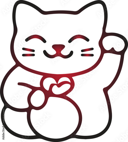 A charming and minimalist illustration of a white Maneki Neko, the Japanese beckoning cat, with a red heart, symbolizing good luck and prosperity, perfect for decorative and auspicious designs