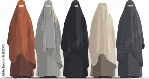 Create a kinds of deferent smart burqa vector art with white background.
