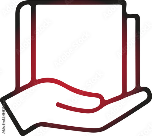 A minimalist, line-art icon depicting an open hand gently cupping a blank, square object, symbolizing care, protection, or holding an idea