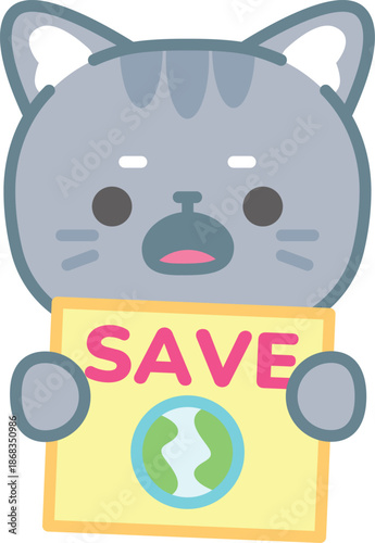 Save Earth with Cartoon Cat: An adorable cartoon cat passionately holding a sign, urging everyone to SAVE the Earth, advocating for environmental awareness and responsibility.