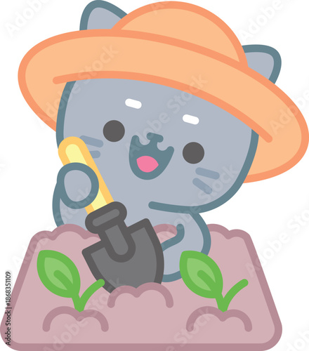Whimsical Gardener: A cute, illustrated cat wearing a hat is happily tending to a garden, playfully digging the soil with a shovel, surrounded by new sprouting plants.