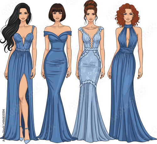 Create a kinds of deferent realistic woman in an elegant sexy blue dress standing vector art with white background..
