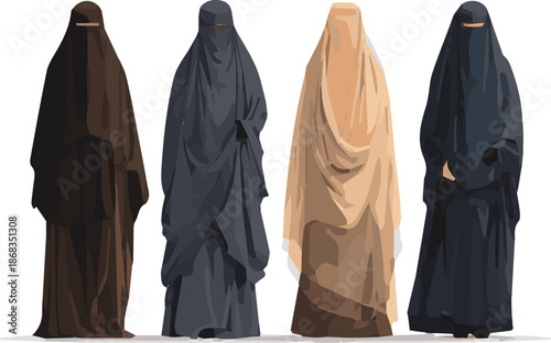 Create a kinds of deferent smart burqa vector art with white background.
