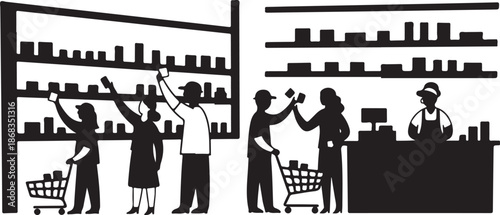 Silhouette of people shopping at a grocery store
