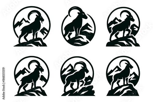 Mountain goat silhouette emblem illustration collection in black. Set of ibex symbols on rocky peaks and mountains