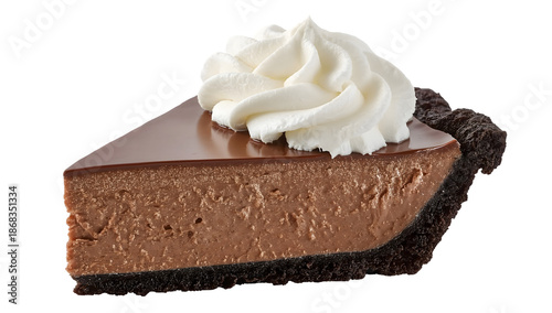 Chocolate silk pie slice with glossy dark chocolate and swirled whipped cream for national pie day