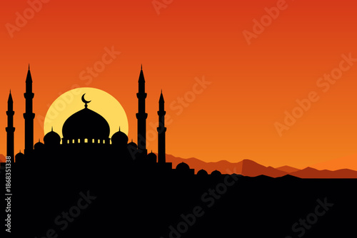 Ramadan sunset mosque silhouette illustration. Islamic holy month Ramadan with crescent moon and mosque skyline