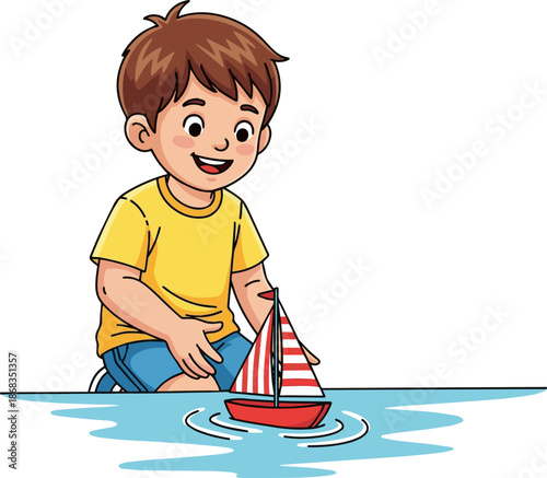 Create a Little boy playing with a toy boat by the water, vector art with white background..