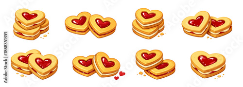 Valentines day cookie collection with heart shapes. Valentine Day sweet dessert biscuits with jam filling