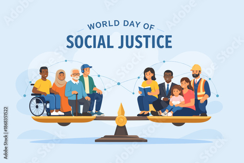 World day of social justice illustration. Social justice day concept with equality balance and diverse people