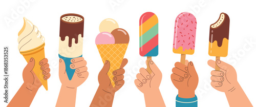 Set of hands holding white ice cream bar on wooden stick, fingers grasping brown tasty snack, sweet dairy summer dessert, cartoon vector illustration for food, apps, websites and menu graphics.