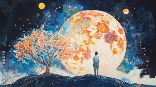 Contemplative figure gazing at celestial bodies beneath a watercolor sky