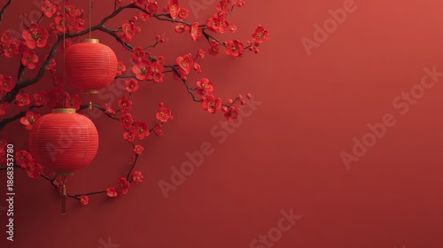 A red traditional lantern and plum blossom branch arranged diagonally against a gradient red background, symbolizing festive celebration and cultural elegance with a clean minimal composition.