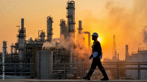 Oil refinery industrial plant energy engineer safety helmet sunset silhouette steam pipelines petrochemical industrial refinery oil plant engineer