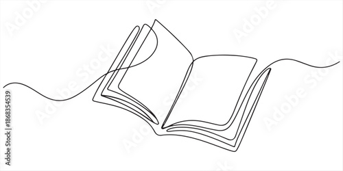 Opened book with flying page and stars in one continuous line drawing, symbolizing magic of reading, Continuous one line drawing of book opening vector graphic illustration. Education books line art
