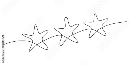 one line drawing three stars continuous hand drawn minimalism decorative art, Continuous line drawing of stars. Background with single line drawing. Outline drawing of three stars. vector illustration