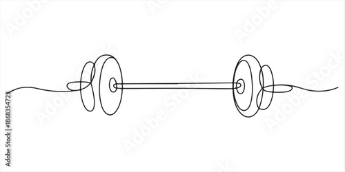 Barbell continuous line. Continuous one line drawing barbell for exercise. Gym, fitness concept. Single line drawing, Continuous one line drawing of Dumbbell - Barbell gym equipment, Drawing