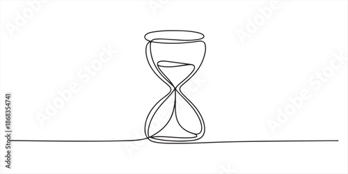 Classic hourglass with sand in one line art style. Symbol of time with editable black stroke on white background. Vector illustration. One continuous line drawing of hourglass timer. Sand glass timer 