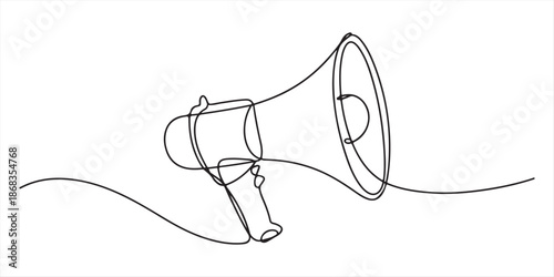 Megaphone in one line art style. Drawing of a bullhorn with an editable black stroke on a white background. Vector illustration.