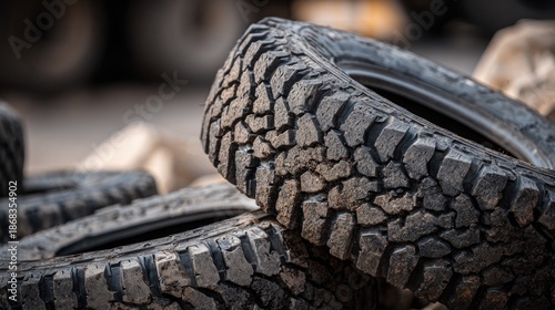 Used tires stacked at a vehicle repair shop in a busy urban area during the afternoon