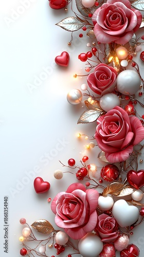 Festive 3D pink roses with gold leaves and glowing ornaments border on a white background, ideal for glamorous celebration designs.