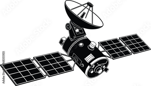 Black and white satellite vector illustration with solar panels and parabolic antenna, orbital spacecraft icon isolated on white for aerospace telecommunications technology design