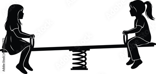Black silhouette of two young girls playing on a spring seesaw, childhood playground fun, outdoor park activity, friendship concept, isolated on white background, vector.