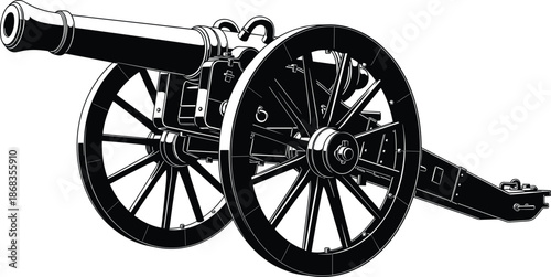 Detailed black and white vector illustration of a vintage military cannon on wheels, antique field artillery gun isolated on white background, historical weaponry.