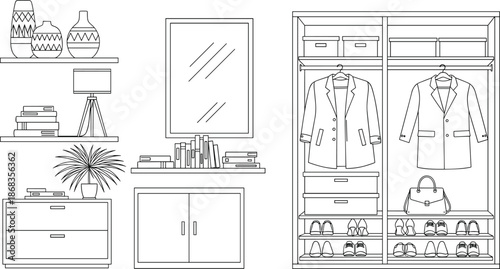Modern wardrobe interior with clothes, shelves, storage boxes, books, mirror, drawers, home decor and minimalist furniture line art illustration