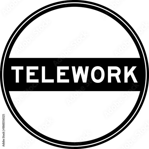 Black color round seal sticker in word telework on white background