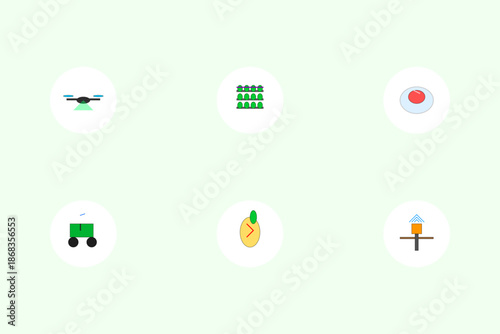 Future Agriculture and Food Technology Icon Set. Vertical Farming, Lab Grown Meat, and Smart Farming Drones