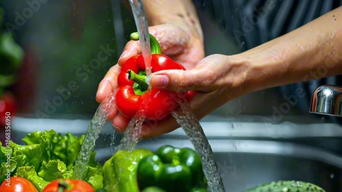 Hands washing a red bell pepper under running water in a kitchen sink, surrounded by fresh vegetables, showcasing the cleaning process and vibrant colors of produce
