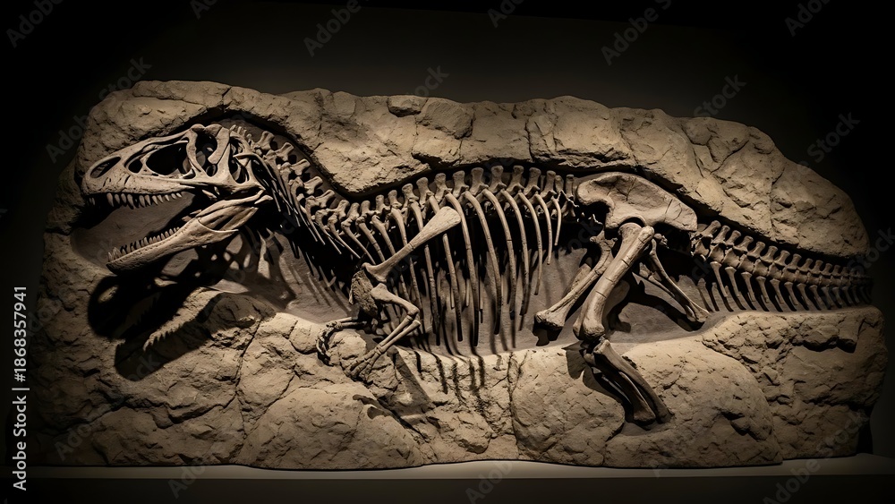 Naklejka premium Detailed dinosaur skeleton fossil embedded in rock formation