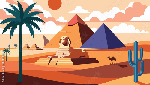 Ancient Egyptian pyramids and the Sphinx at Giza, a stylized desert landscape with camels, palm trees, and cacti