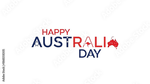 Vibrant vector illustration for Happy Australia Day, featuring patriotic colors, kangaroo silhouette, and country map integrated into stylized typography