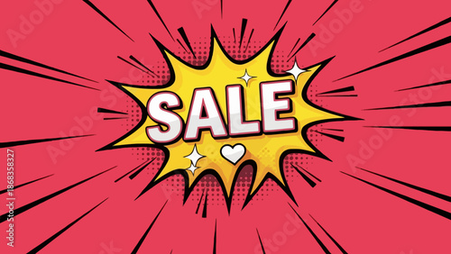 Bright Yellow Comic Book Explosion with Sale Text and Sparkling Stars on a Red Background - Perfect for Promotions and Advertising