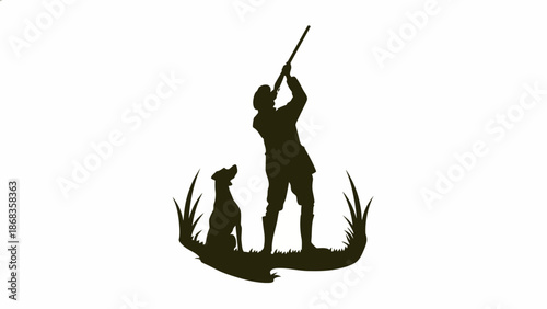 Silhouette of a hunter with his dog aiming a shotgun in a grassy field