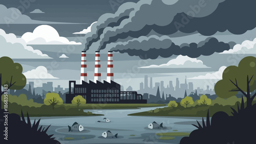 Industrial factory pollution scene Dark smoke from chimneys fills the sky, contaminating a river with dead fish, symbolizing severe environmental degradation and ecological crisis near a city