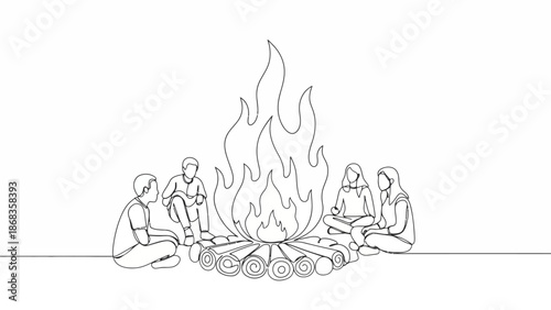 Friends gathered around a bonfire at night, sharing stories and enjoying warmth under the stars