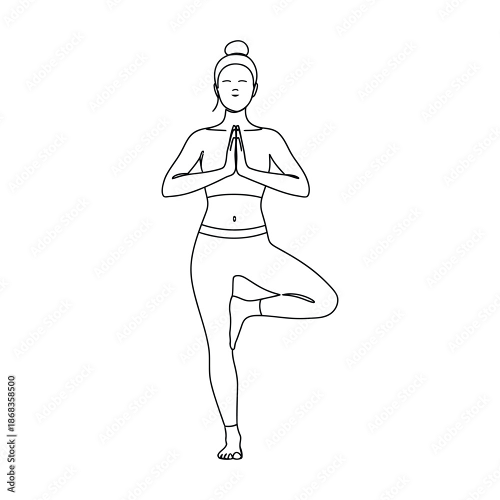 Fototapeta premium Woman in yoga tree pose with hands in prayer position line vrikshasana meditation des