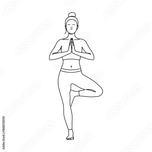 Woman in yoga tree pose with hands in prayer position line vrikshasana meditation des