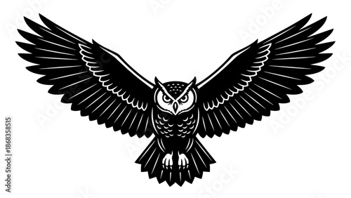 Majestic black and white owl with outstretched wings, a powerful symbol of wisdom and freedom, depicted in a detailed vector illustration