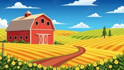 Vibrant rural landscape with a classic red barn amidst golden fields under a bright blue sky, depicting a picturesque agricultural scene
